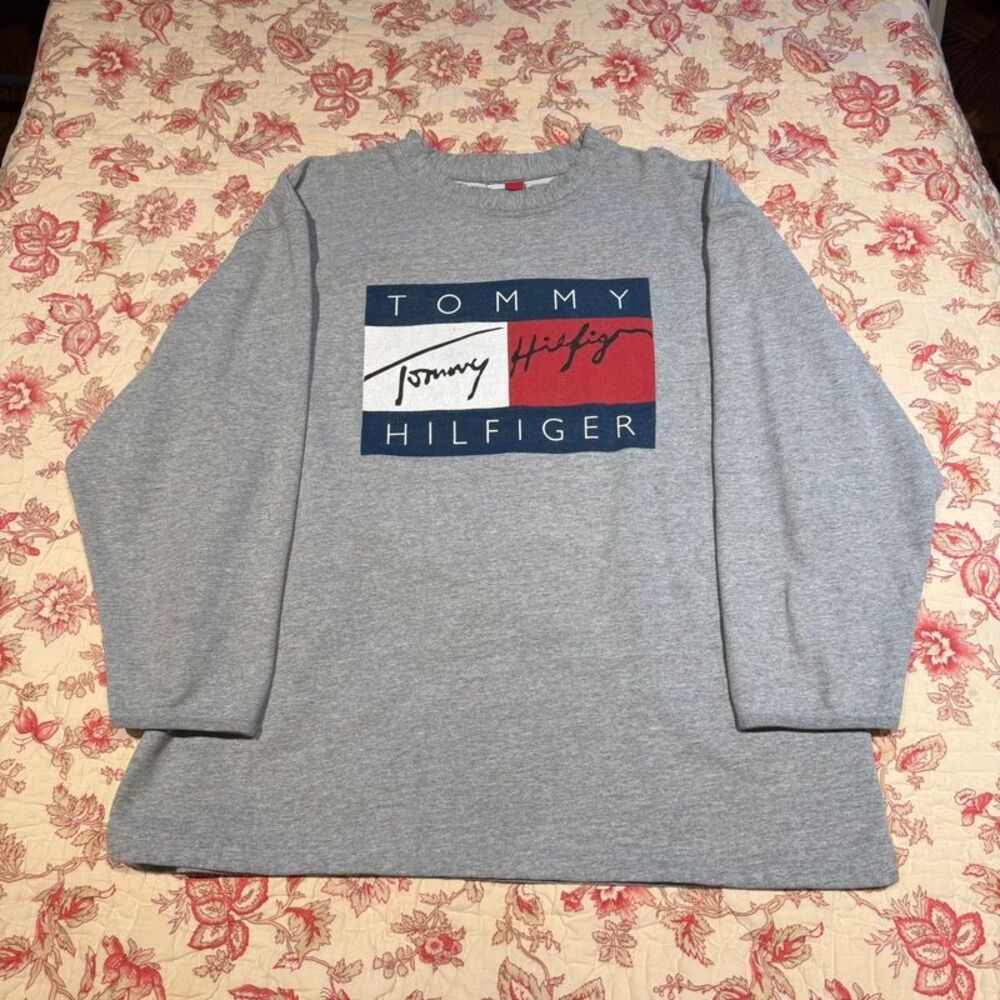 Vintage 90s Tommy Hilfiger Flag Signature Spellout Graphic Crewneck Sweater